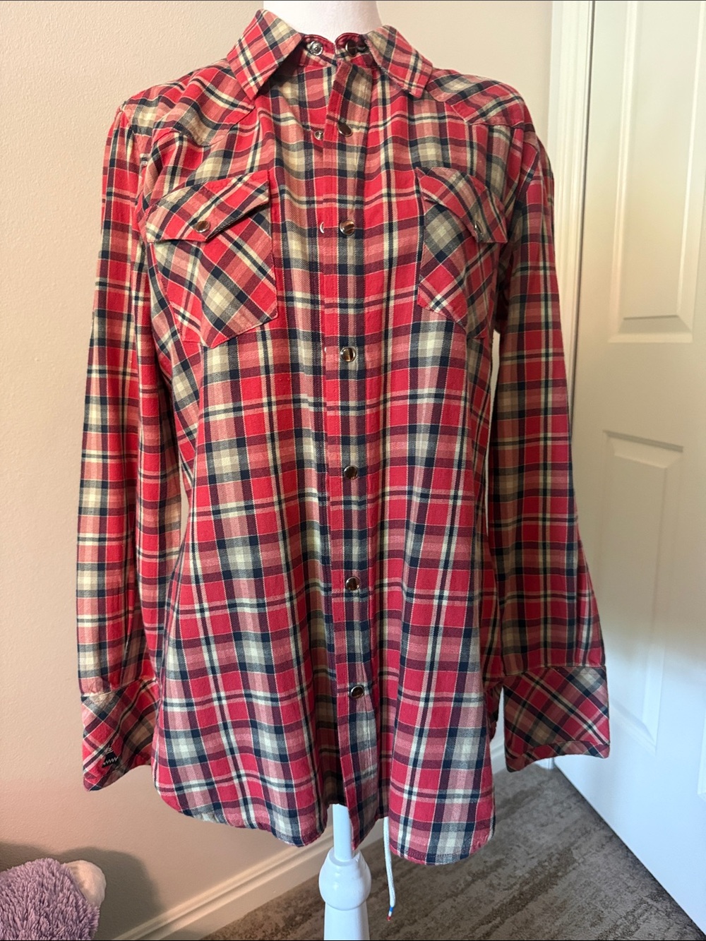 Tasha Polizzi Red Navy Cream Plaid Western Button-Down Shirt